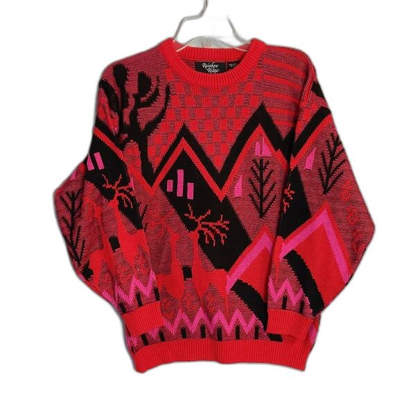 Rainbow Ridge Red Pink Black Acrylic Sweater Women's M - VINTAGE - Picture 1 of 3